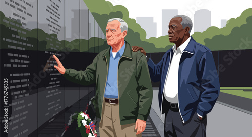 Flat vector of American veteran saluting at the Vietnam Veterans Memorial Wall, symbolizing respect, remembrance, and national pride