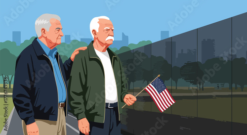 Flat vector of American veteran saluting at the Vietnam Veterans Memorial Wall, symbolizing respect, remembrance, and national pride