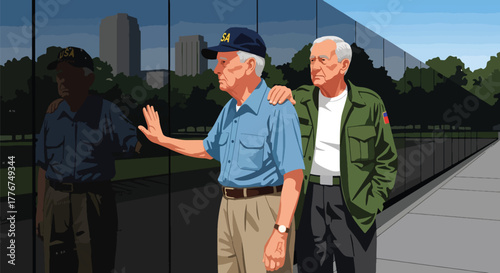 Flat vector of American veteran saluting at the Vietnam Veterans Memorial Wall, symbolizing respect, remembrance, and national pride