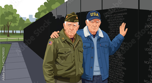 Flat vector of American veteran saluting at the Vietnam Veterans Memorial Wall, symbolizing respect, remembrance, and national pride