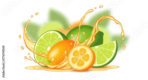 Fresh Juicy Citrus Fruits with Splashes and a White Background Composition