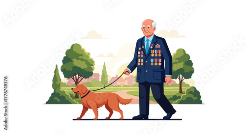 Flat vector of veteran walking dog through park decorated with small US flags, calm and thankful Veterans Day morning