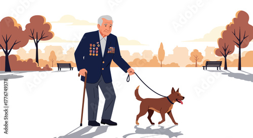 Flat vector of veteran walking dog through park decorated with small US flags, calm and thankful Veterans Day morning