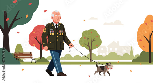 Flat vector of veteran walking dog through park decorated with small US flags, calm and thankful Veterans Day morning