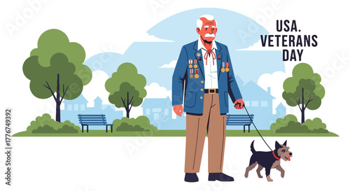 Flat vector of veteran walking dog through park decorated with small US flags, calm and thankful Veterans Day morning