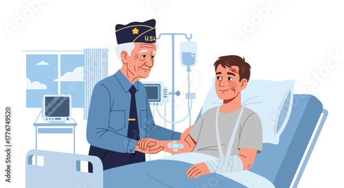 Flat vector of veteran visiting injured soldier in hospital room, compassion, healing, and care on Veterans Day