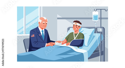 Flat vector of veteran visiting injured soldier in hospital room, compassion, healing, and care on Veterans Day