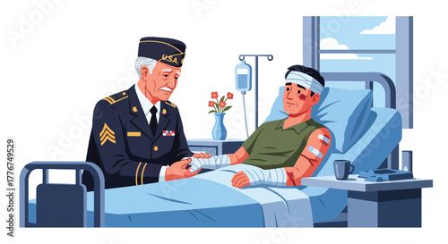 Flat vector of veteran visiting injured soldier in hospital room, compassion, healing, and care on Veterans Day