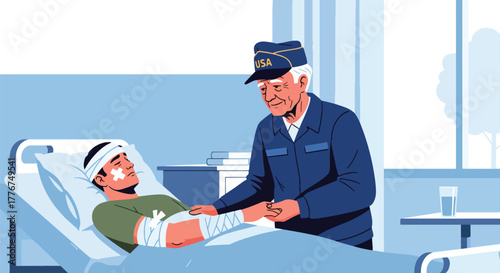Flat vector of veteran visiting injured soldier in hospital room, compassion, healing, and care on Veterans Day