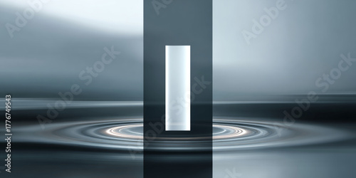 Abstract futuristic digital art with glowing vertical rectangle and circular ripple effect on smooth reflective surface in cool blue tones