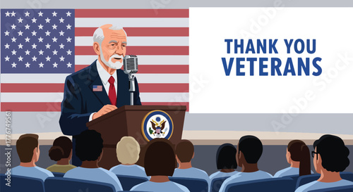 Flat vector of veteran giving motivational speech at public park on Veterans Day, empowerment and equality theme