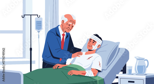 Flat vector of veteran visiting injured soldier in hospital room, compassion, healing, and care on Veterans Day