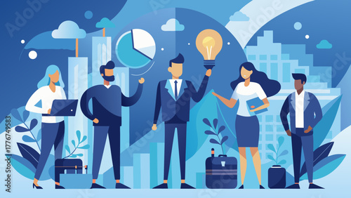 Business Team Collaboration and Strategy Concept with Diverse Professionals, City Background, Innovation Idea Lightbulb, and Financial Data Chart