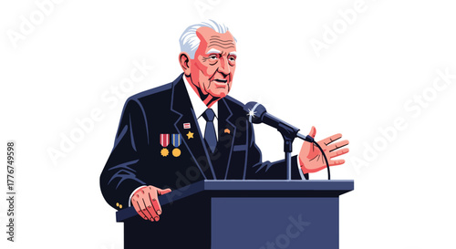 Flat vector of veteran giving motivational speech at public park on Veterans Day, empowerment and equality theme