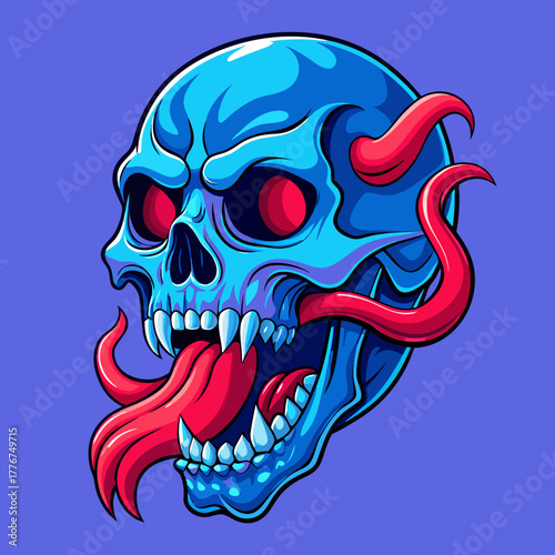 Vibrant Blue Zombie Skull with Licking Long Red Tongue and Evil Yellow Eyes - Horror Tattoo Art Streetwear Mascot Design