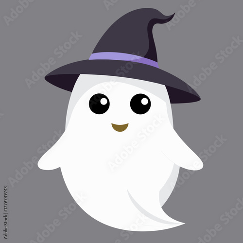 Adorable Cute Friendly Ghost Character Wearing a Witch Hat - Simple Cartoon Spooky Halloween Design Element Mascot