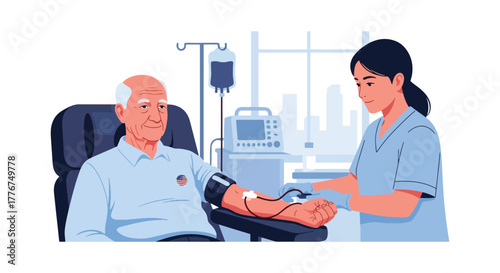 Flat vector of volunteers and veterans donating blood at community center during Veterans Day charity event