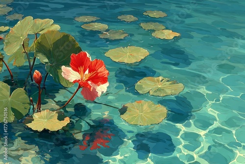 a single vivid red flower in the center, tranquil atmosphere. Generative AI