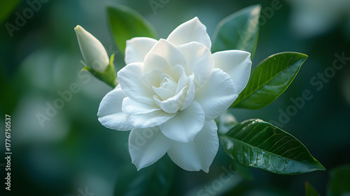 Delicate white gardenia flower with a closed bud and lush green leaves in soft natural light