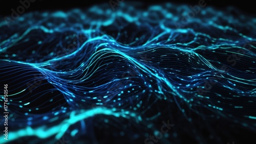 Futuristic digital wave landscape with blue and cyan light lines and particles moving in dynamic 3D abstract background symbolizing technology data and connection