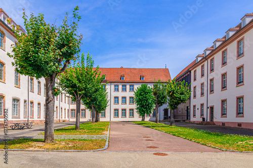 Lycee Bartholdi College building and courtyard with alley green trees in old town Colmar city historic centre, Alsace Grand Est region, France