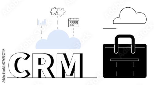 CRM text with analytics, puzzle, calendar icons connected to a cloud, next to a black briefcase. Ideal for business, technology, cloud storage, customer management, data analytics teamwork