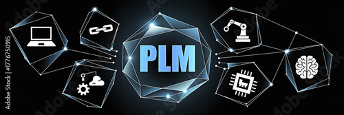 Product lifecycle management concept with plm text and icons representing different stages of the product lifecycle on a black background with geometric shapes and glowing lights design
