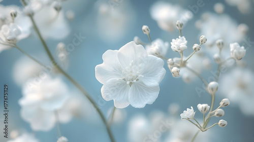 Delicate white baby s breath flowers softly blurred against a dreamy blue background creating a gentle and ethereal floral atmosphere