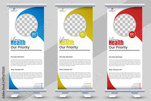 Corporate rollup banner design template, advertisement, pull up, background, vector illustration, business flyer, health banner, company, display banner colour variation with mock-up