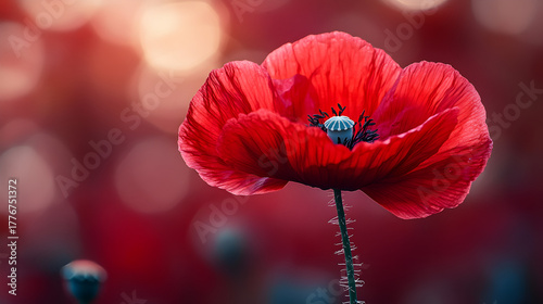 Vibrant red poppy flower in soft focus with warm bokeh lights creating a dreamy and romantic atmosphere