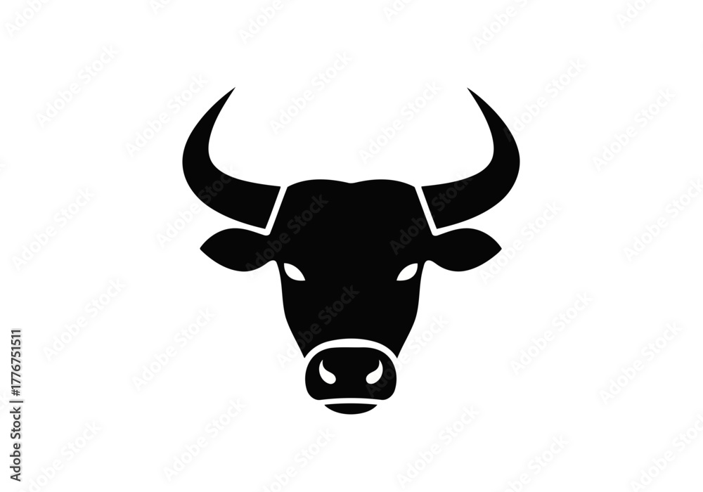 Naklejka premium Illustration of a angry bull head with curved horns and a prominent snout on a bright setting surface