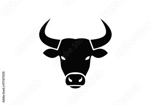 Illustration of a angry bull head with curved horns and a prominent snout on a bright setting surface