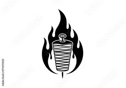 Silhouette of doner kebab meat on a spit with large flames behind it in a graphic representation style image