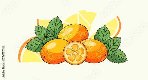 Fresh Kumquats Composition Decorated With Mint Leaves And Lemon Slices Arrangement