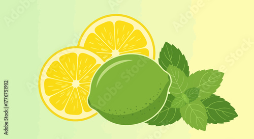 Fresh Lime, Lemon Slices, and Vibrant Mint Leaves Against a Gradient Background