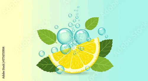 Fresh Lemon Slice With Bubbles And Mint Leaves In A Vibrant And Refreshing Composition