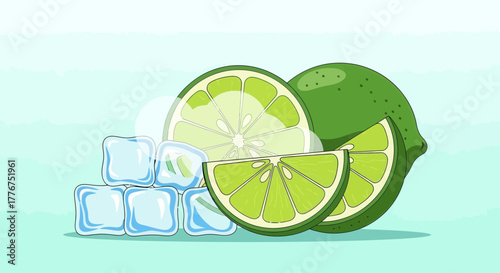 Fresh Limes And Ice Cubes Illustration Representing Coolness And A Refreshing Beverage