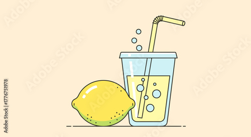 Fresh Lemonade Illustration With Lemon, Beverage, and Straw in a Refreshing Composition