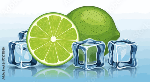 Fresh Limes And Ice Cubes: Refreshing Composition Perfect For Beverages And Summer Themes