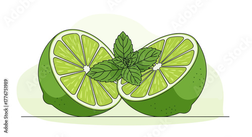 Fresh Limes and Mint Leaves Vector Illustration For Refreshing Drinks and Cocktails