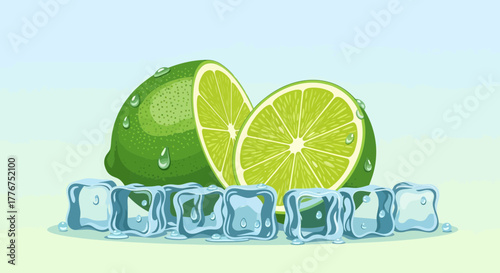 Fresh Limes, Chilled Ice Cubes, Refreshing Summer Drink Elements In The Hot Season