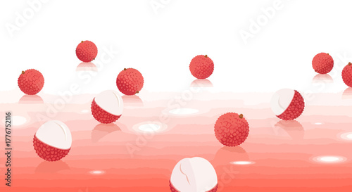 Fresh Litchi Fruits Floating Against an Artistic Background With Some Reflective Surfaces