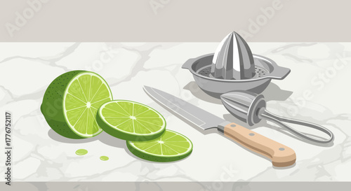 Fresh Limes, Citrus Juicer, And A Knife On A Realistic Kitchen Marble Surface
