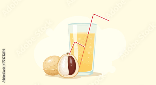 Fresh Longan Juice Glass Illustration Featuring Healthy Vitamins Drink and Organic Fruits