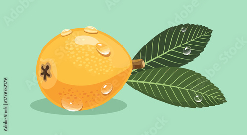 Fresh Loquat Fruit With Leaves And Water Drops On Refreshing Green Background