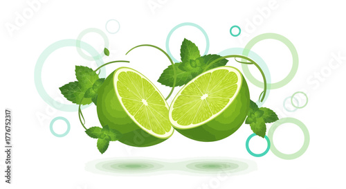 Fresh Lime Slice And Mint Leaves Background With Bubbles And Modern Style