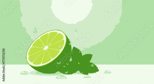 Fresh Lime Slice And Mint Leaves With Water Droplets On A Refreshing Green Background