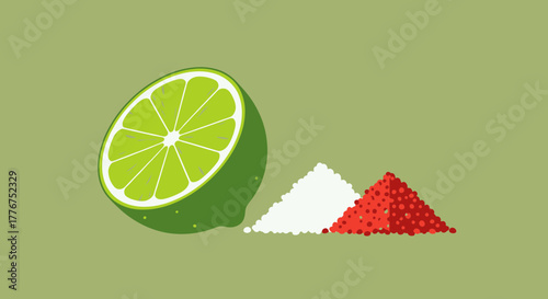 Fresh Lime Slice And Red Caviar With Salt Crystals Vector Illustration