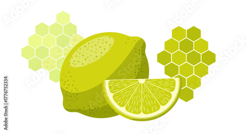Fresh Lime Slice And Whole Fruit With Geometric Honeycomb Art Designs
