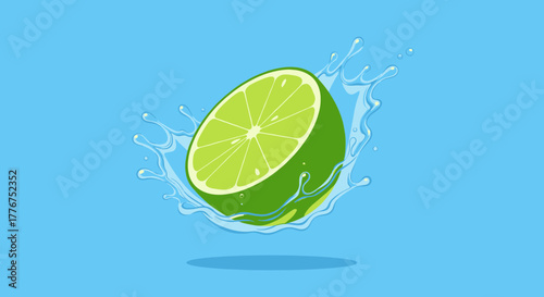 Fresh Lime Slice Displayed With Water Splash Against a Vibrant Blue Background